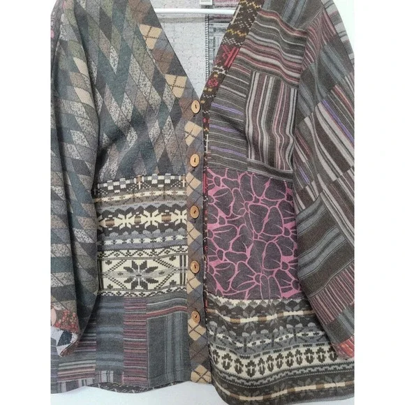 Sacred Threads Patchwork Button Down Sweater Womens Size L Boho Wide Sleeves - Picture 4 of 8